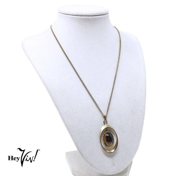 Vintage Gold Chain Necklace w Shiny Deep Brown Oval Pendant 18" Long - Hey Viv - Picture 4 of 5